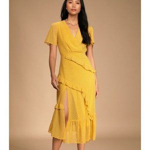 LULUS Swiss Dot Ruffled Midi Dress Mustard Yellow Color Size M $69